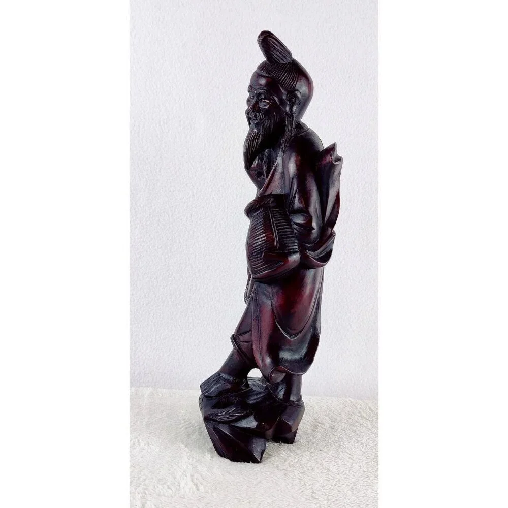 Antique Hand Carved Old Man Fisherman Chinese Figure Rosewood 12.5